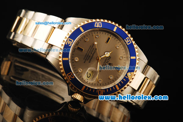 Rolex Submariner Rolex 3135 Automatic Movement Grey Dial with Blue Bezel and Two Tone Strap-18k Gold Strap Links - Click Image to Close